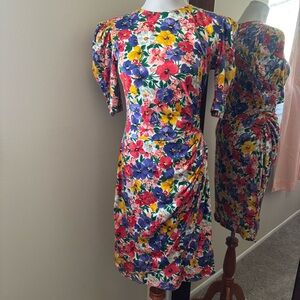 Vintage 90s EXPO Floral Dress Side Ruched Cotton Polyester Fits size small